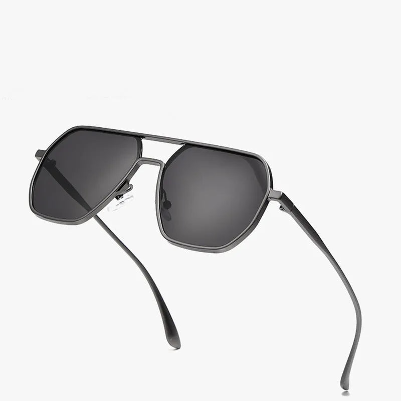 Men's polarised sunglasses with irregular black frame and black & grey lenses for driving and UV protection