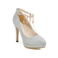 Women's blue platform high heels with a stiletto heel and pointed toe on a white background.