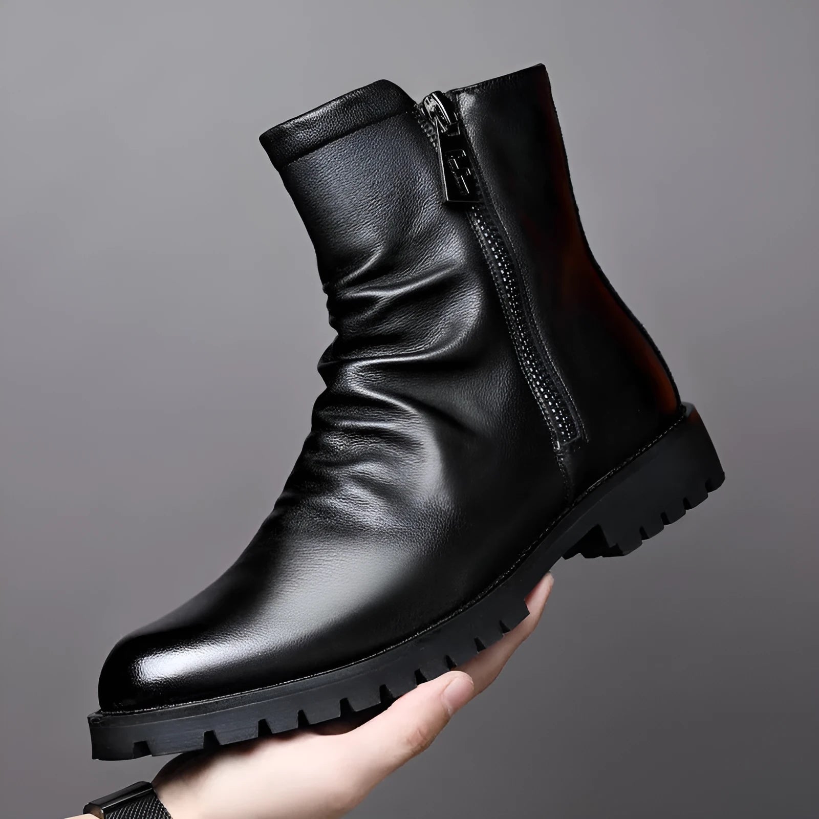 Black British-style men's high-top Martin boots with patent leather finish, side zipper, and wedge heel
