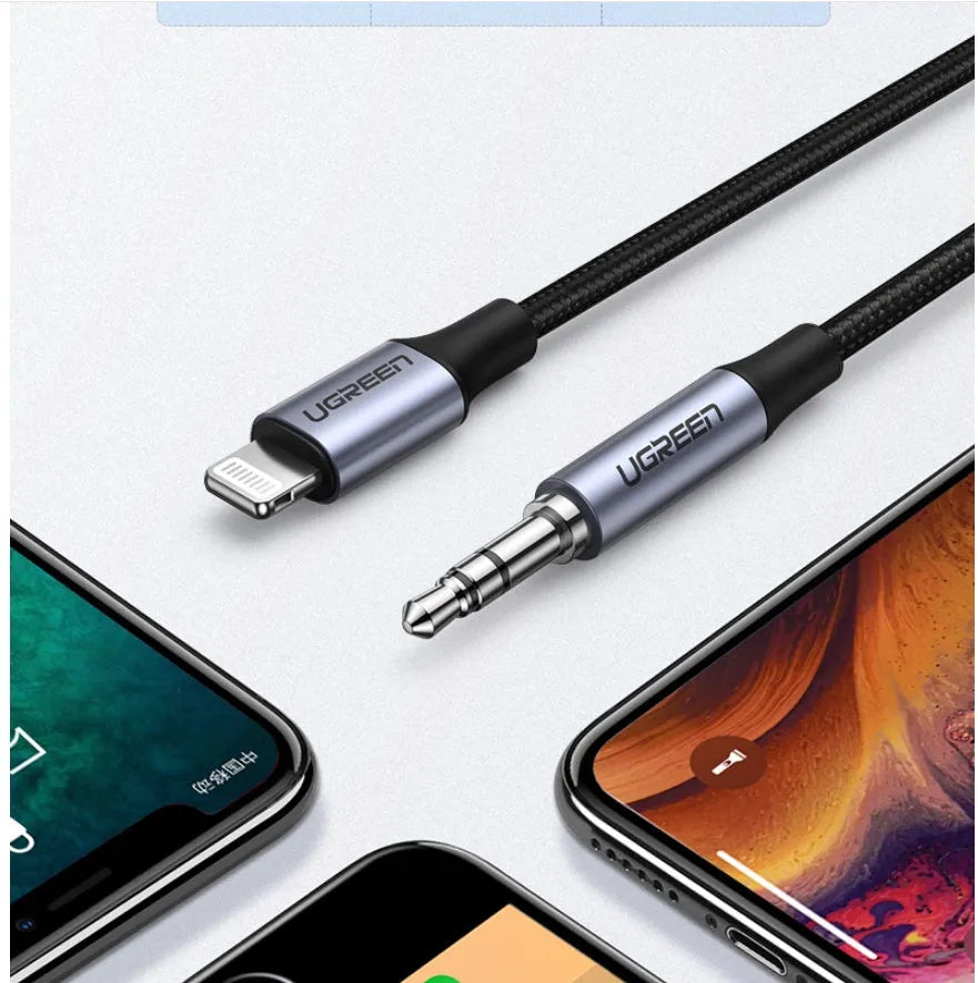 Black Apple Lightning to 3.5mm audio cable with shiny braided finish and aluminum connectors for car use.