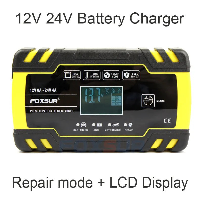 Motorcycle car battery charger with screen display showing charging parameters