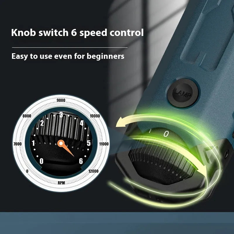 Dark blue pet nail grinder with rotary knob speed control and LED light