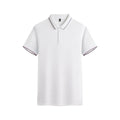 Men's navy blue quick-dry polyester polo shirt with short sleeves on hanger