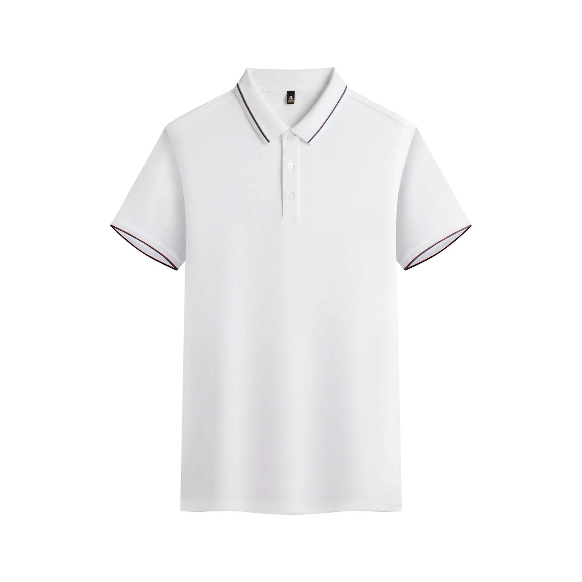 Men's navy blue quick-dry polyester polo shirt with short sleeves on hanger