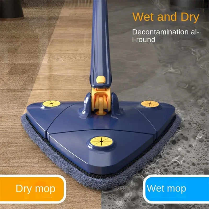 Blue triangle mop with rotating head and extendable stainless steel pole for corner and wall cleaning