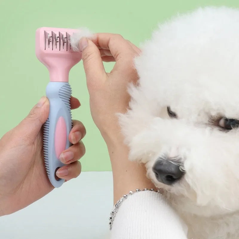 Pink pet grooming comb with stainless steel knot knife, massage brush, and cat brush attachment