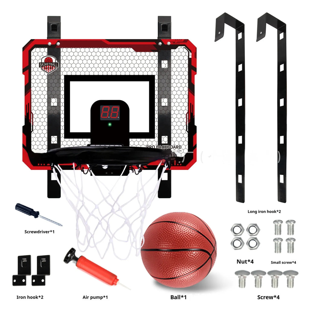 Red and blue folding basketball frame with scoring panel, suction cups, and a 16cm ball on a door