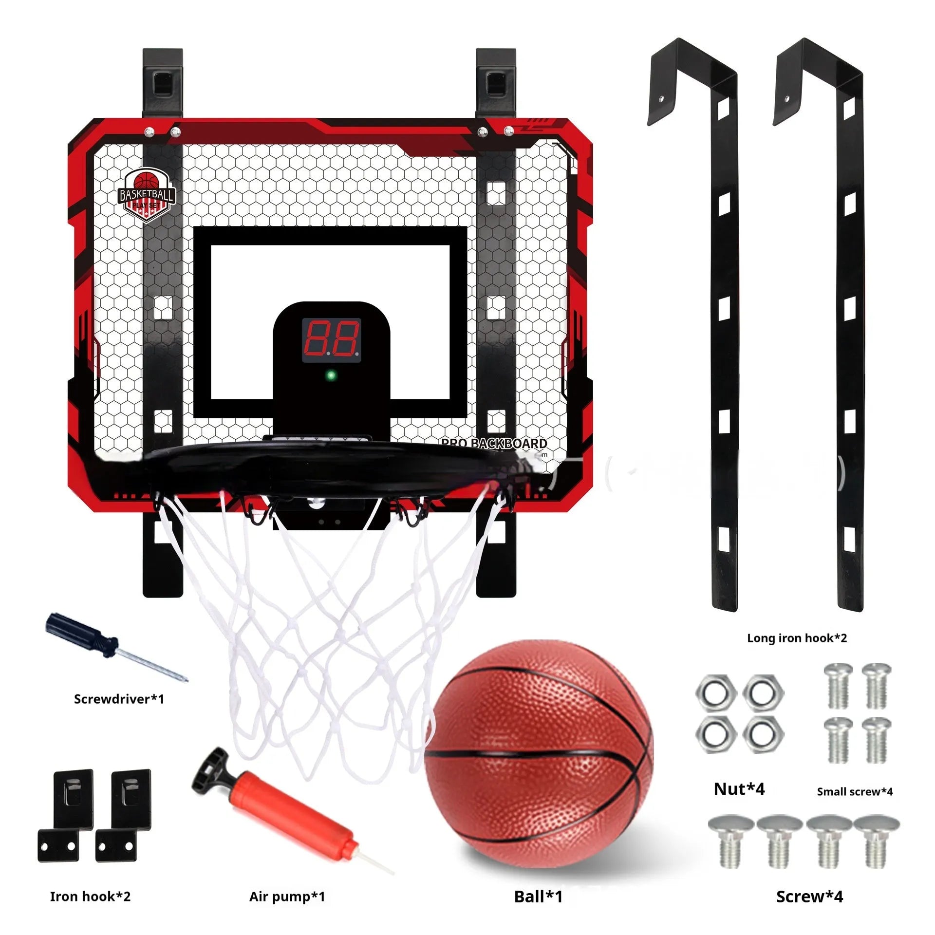 Red and blue folding basketball frame with scoring panel, suction cups, and a 16cm ball on a door
