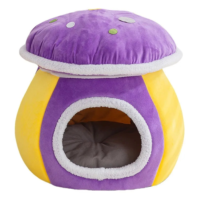 Mushroom-shaped plush cat nest with detachable rabbit blanket in grey pink purple colours