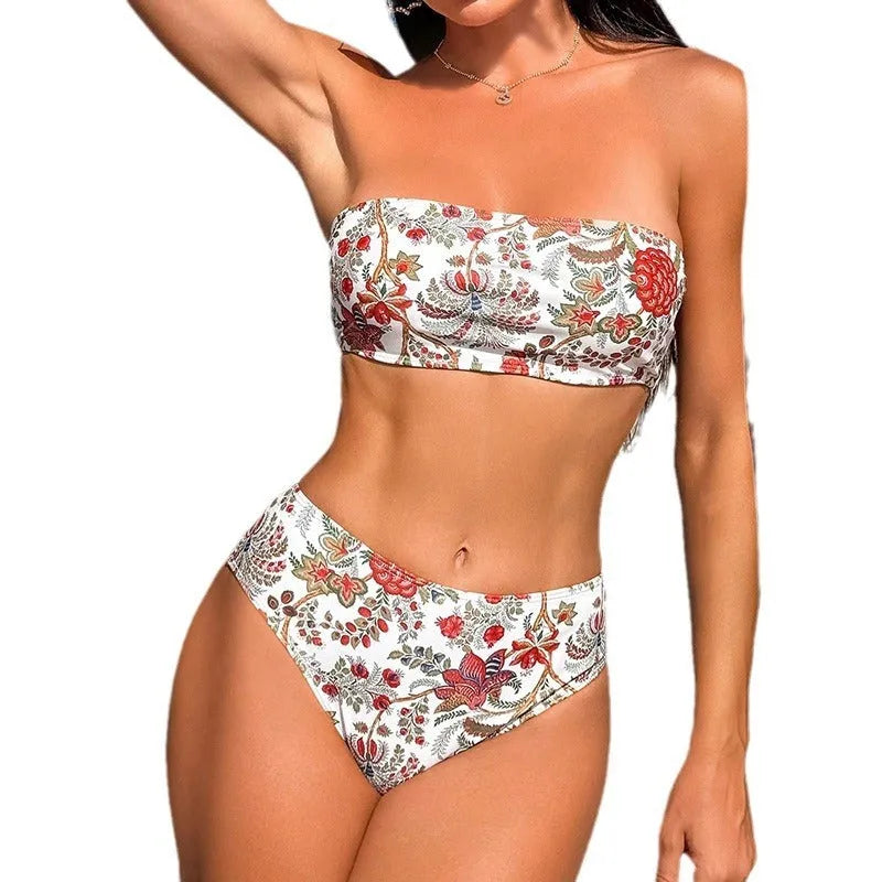 Women's printed bandeau triangle top and shorts swimsuit set.