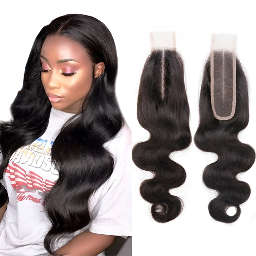 A woman wearing a straight, natural-colour human hair wig in a long length.