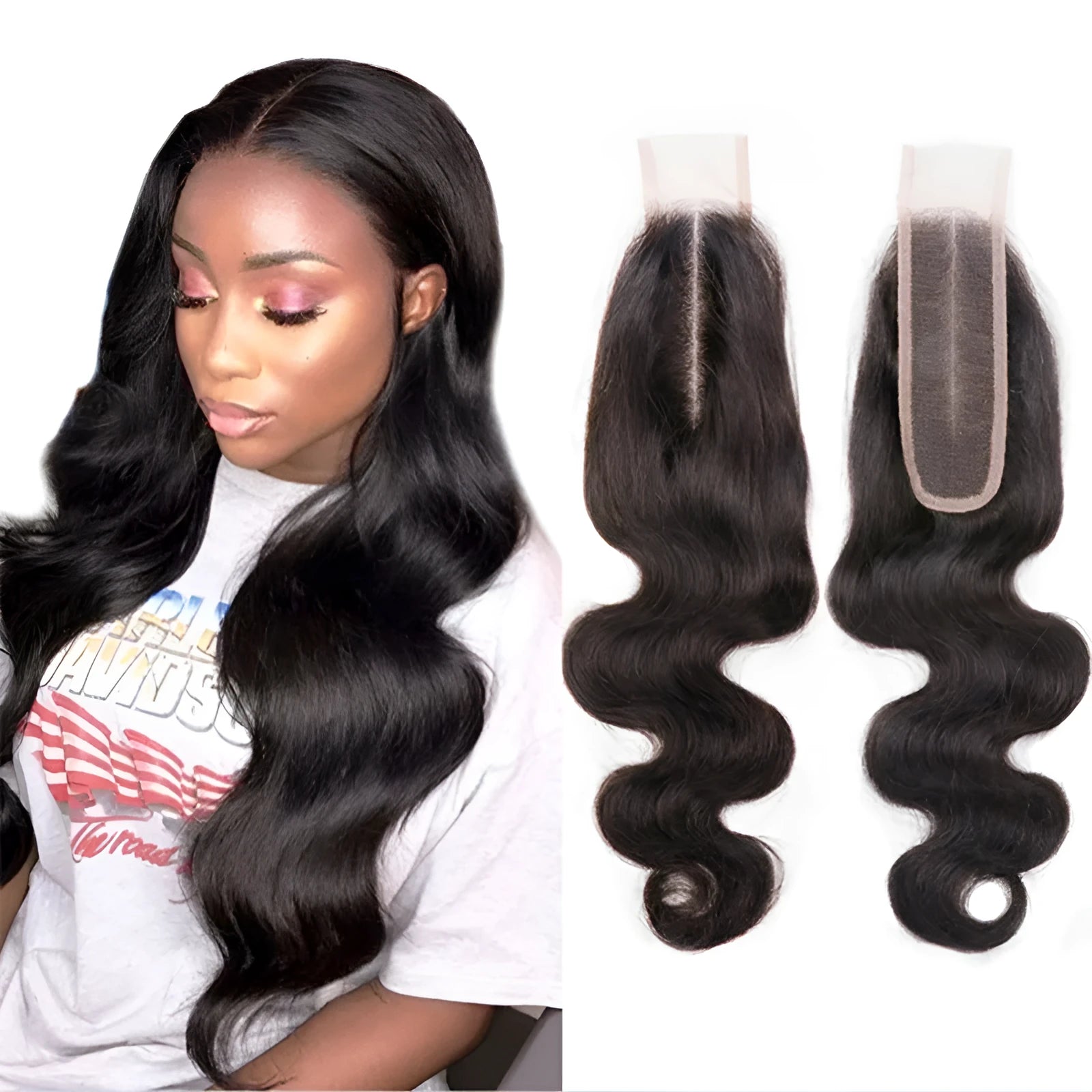 A woman wearing a straight, natural-colour human hair wig in a long length.