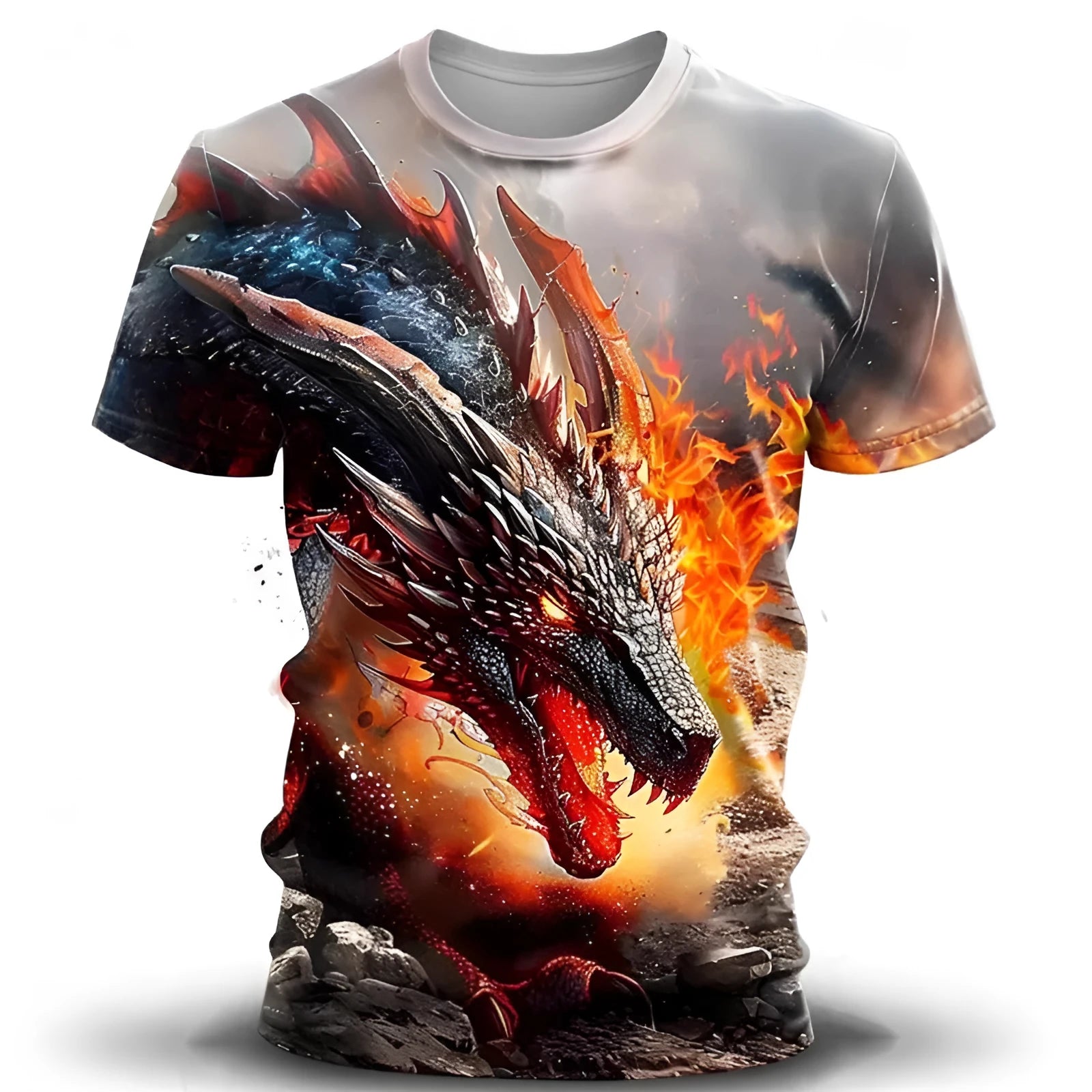 Men's grey T-shirt with a large, detailed 3D wind dragon print on the front, made from thin milk silk fabric.