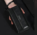 Men's black PU leather long wallet with multiple card slots, showing dimensions.
