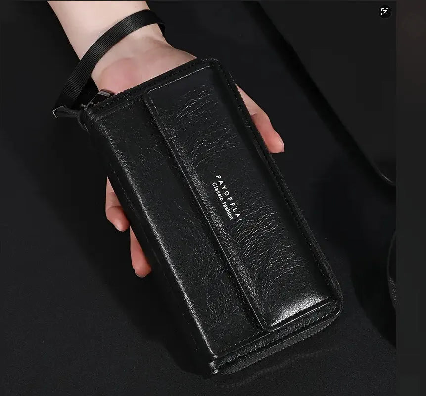 Men's black PU leather long wallet with multiple card slots, showing dimensions.