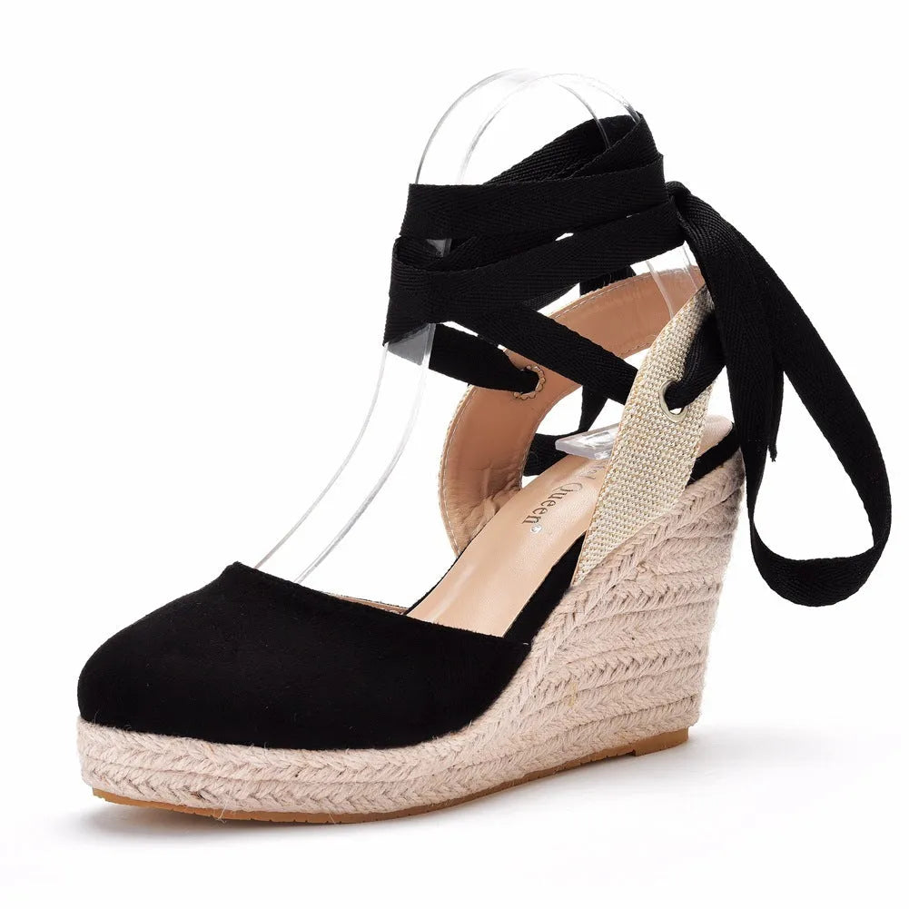 Women's apricot Bohemian wedge sandals with beaded tassels and an adjustable buckle on a 10.5cm heel.