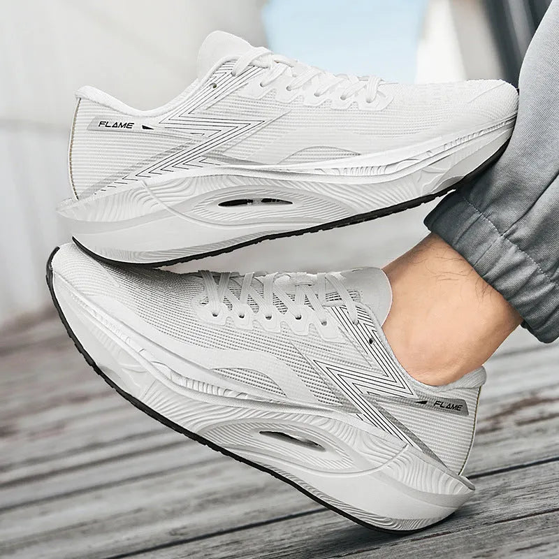 Marathon carbon plate running shoes in white with low-top fabric upper and visible sewing details