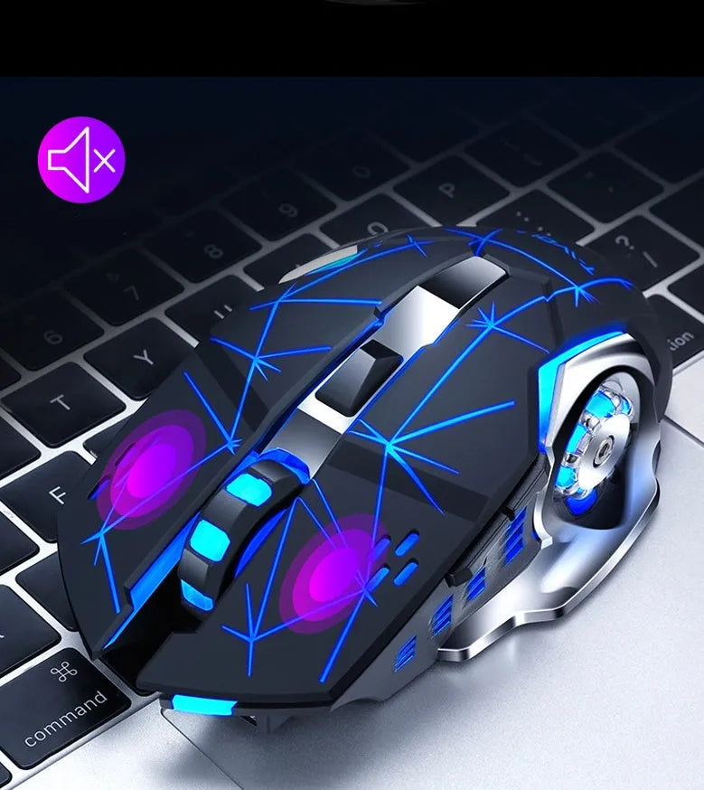 Black and white wireless computer mouse with USB charging cable and silent buttons.