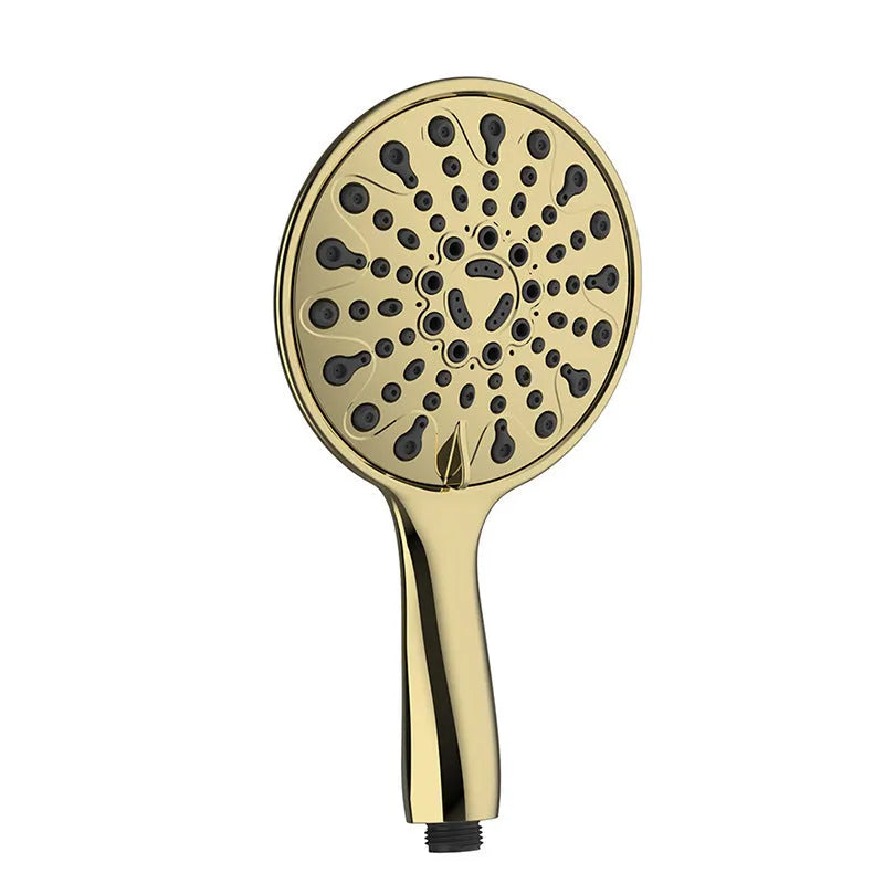 A portable handheld shower head with an electroplated metallic finish, showing its spray face and hose connection.