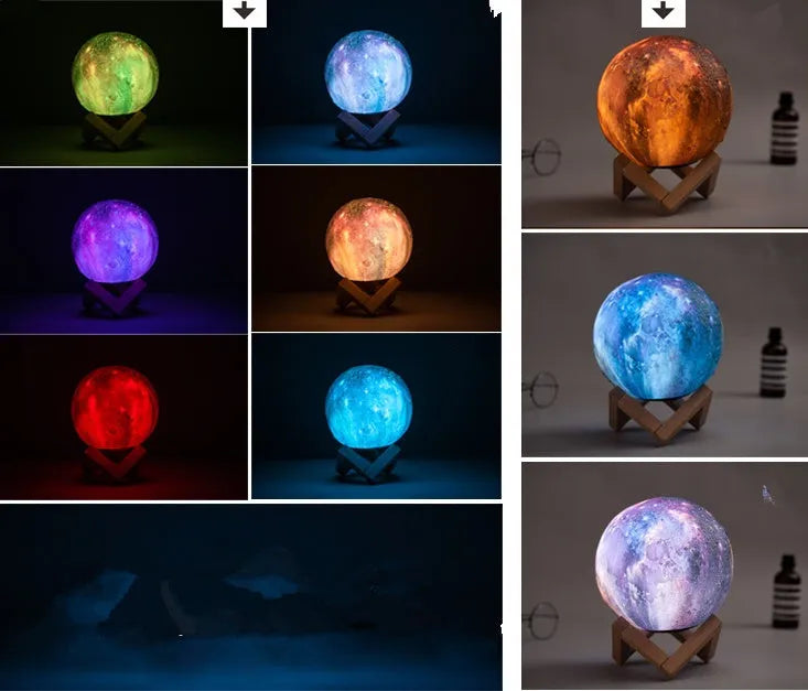 White 3D printed moon-shaped night light on a dark surface, demonstrating its textured surface and soft LED glow.