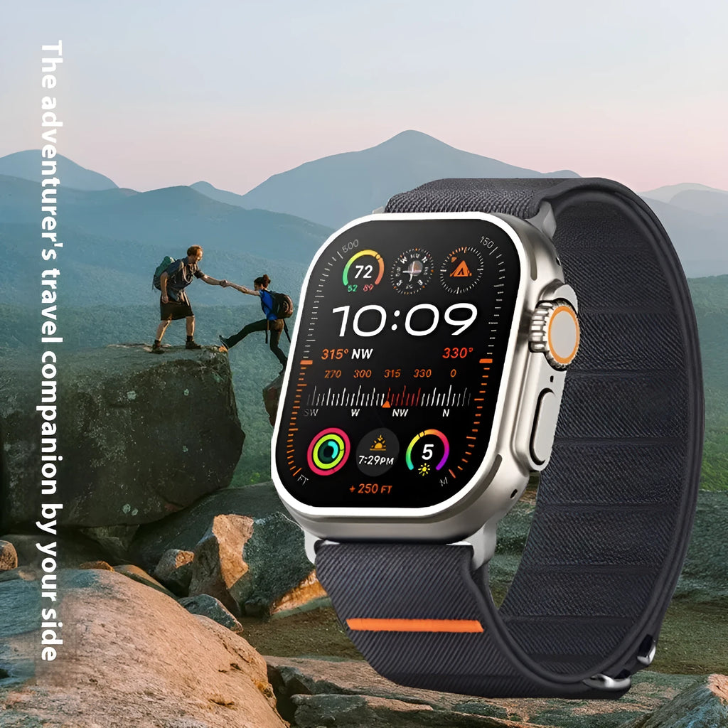 Elastic nylon Apple Watch replacement strap with stainless steel buckle in multiple colour options.