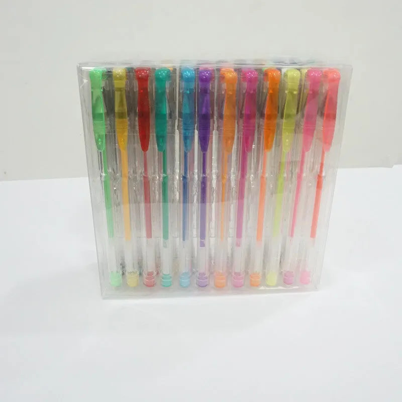 100 colour gel pen set with plastic bodies showing assorted colours and dual tip sizes