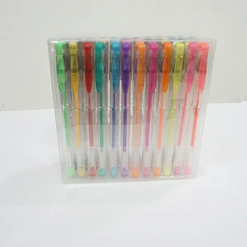 100 colour gel pen set with plastic bodies showing assorted colours and dual tip sizes