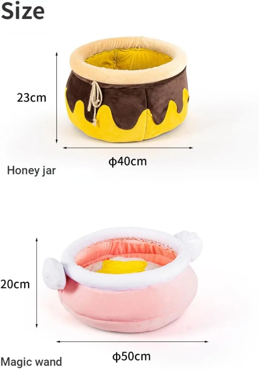 Pink honey pot shaped cat sofa bed with a soft fabric texture and a removable inner cushion.