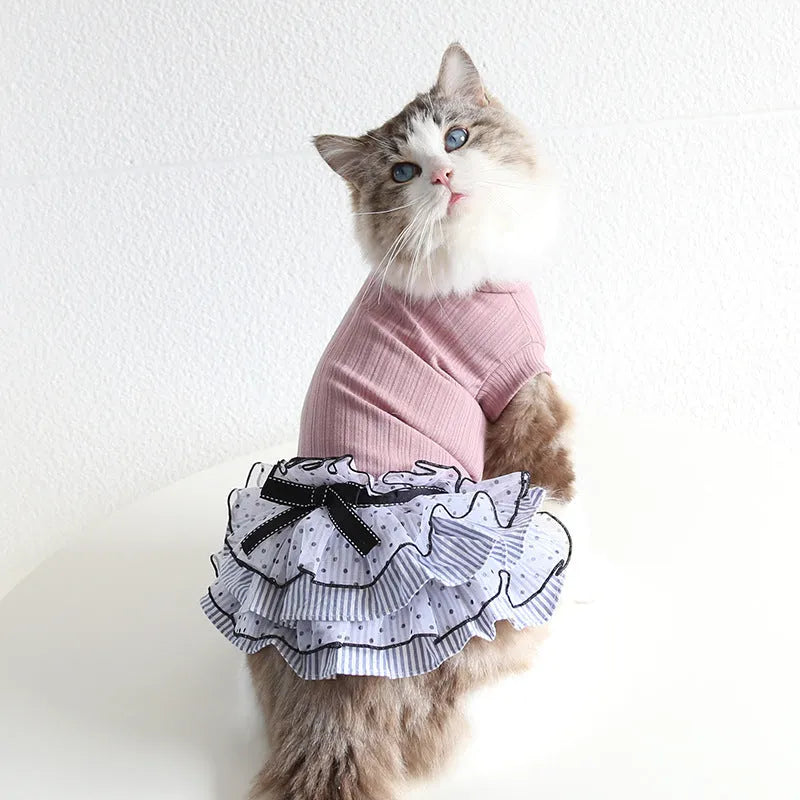 Polka dot lace cake dress pet clothing in Taro purple, shown in Princess style for dogs or cats.