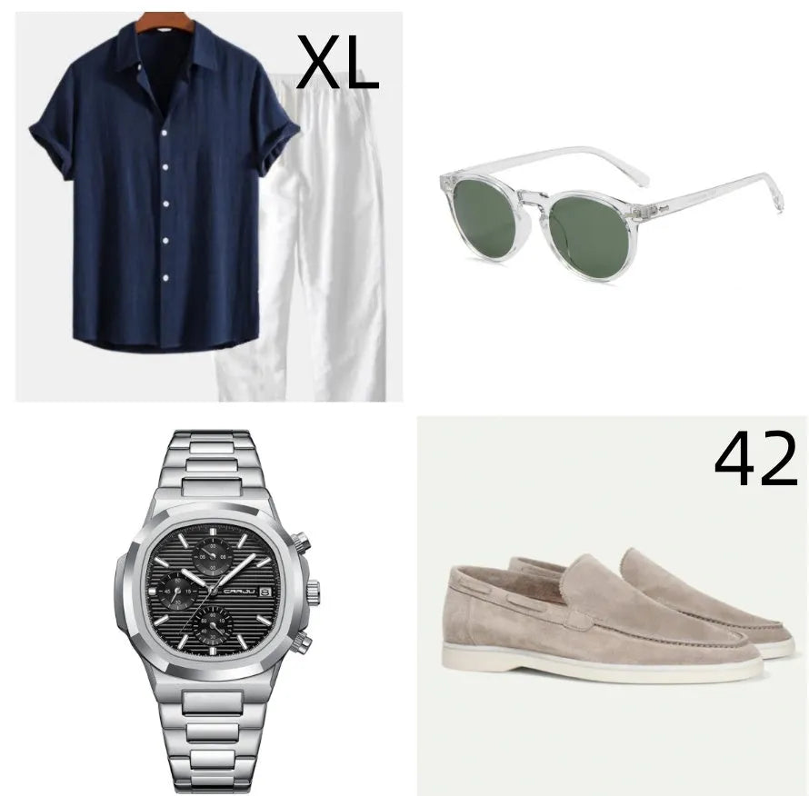 Men's navy blue casual short sleeve cotton linen suit with matching trousers, glasses, shoes, and watch on a hanger.
