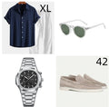 Men's navy blue casual short sleeve cotton linen suit with matching trousers, glasses, shoes, and watch on a hanger.