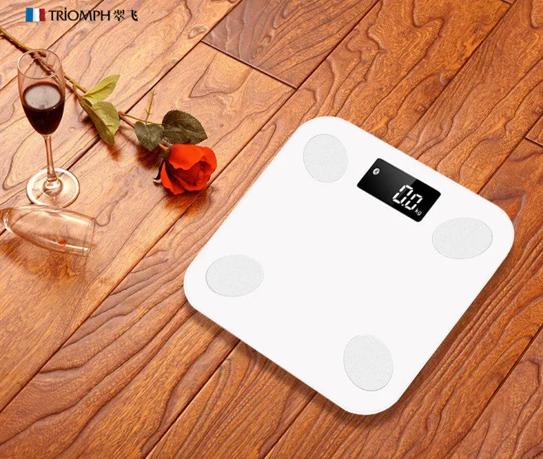 White square electronic weight scale with LCD display showing weight and body fat data