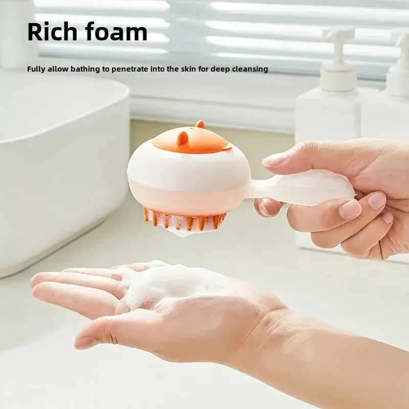 Automatic cleaning pet bath brush with soft gel bristles in blue and orange colour options for dog and cat grooming