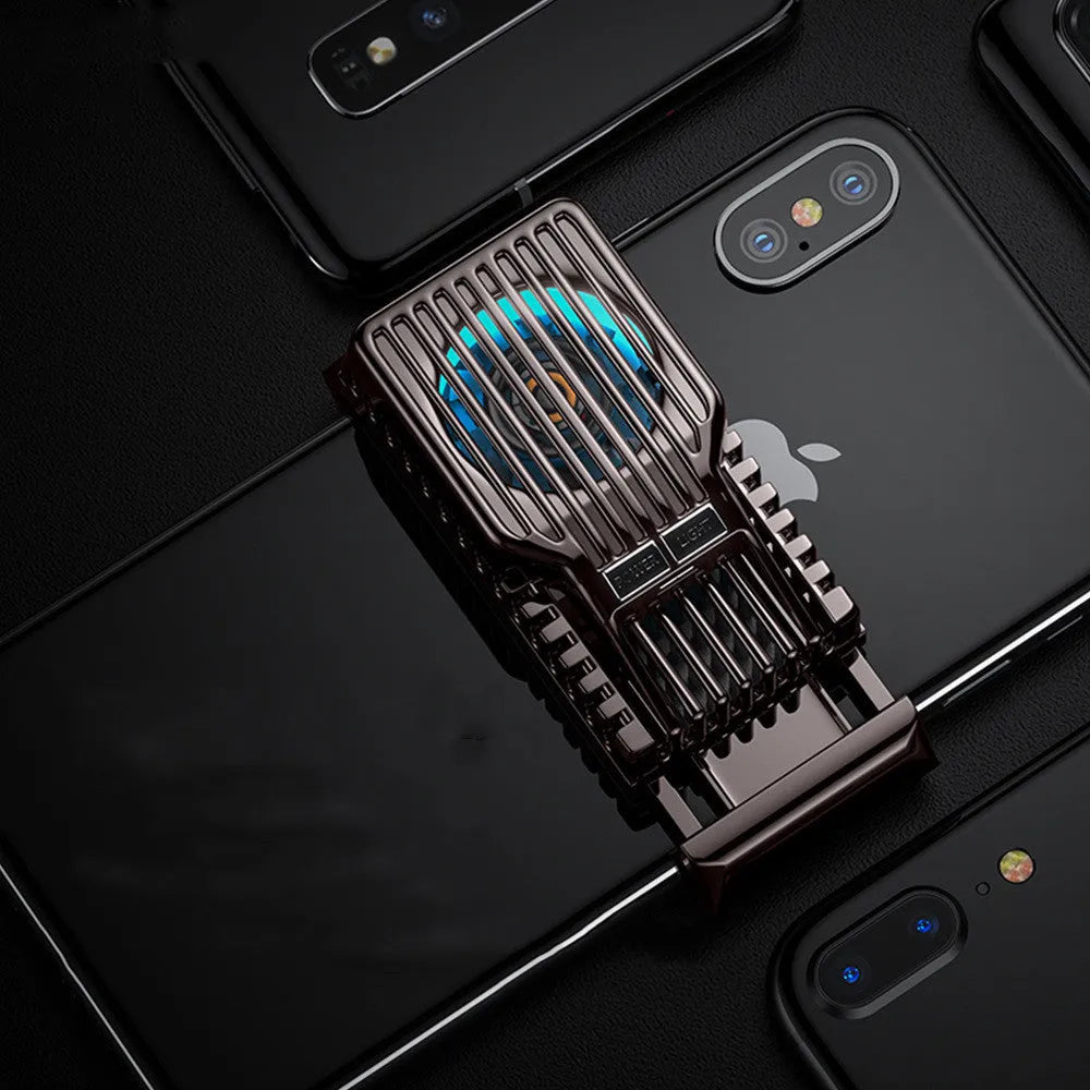 Mobile phone radiator with clip design showing aluminium alloy cooling fins and ABS plastic body