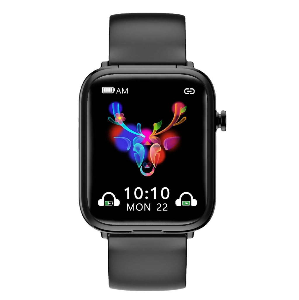 Black smartwatch with 1.69 inch screen and TWS wireless earbuds in charging case