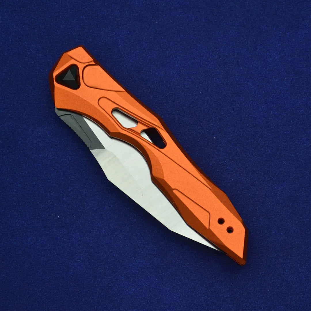 Black folding fruit knife with D2 steel blade and aviation aluminium handle measuring 19cm length