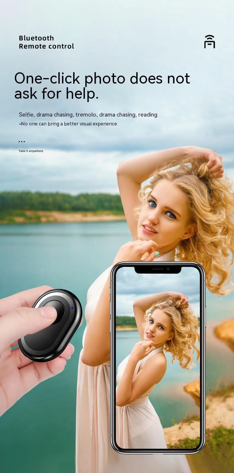 Wireless Bluetooth remote self-timer for smartphones in black, pink or purple colour options