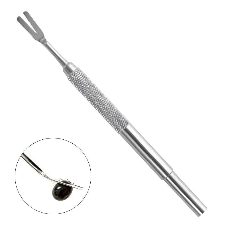 Silver stainless steel tick removal tweezers for pets on a plain background.