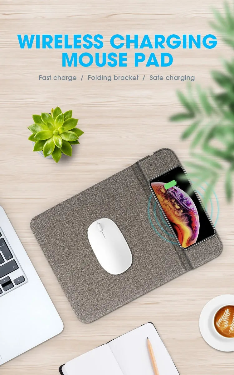 A foldable fabric phone holder with a phone attached, showing its adjustable angle and wireless charging capability.