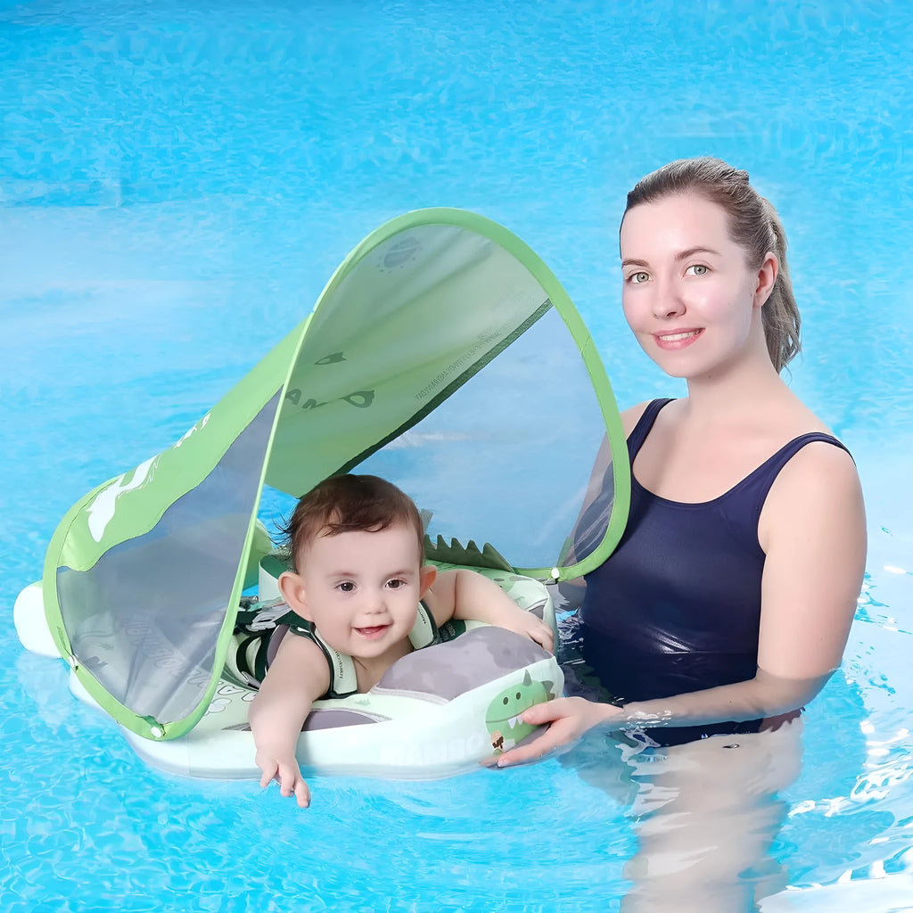 Green dinosaur inflatable baby swimming ring with sun shade for pool use