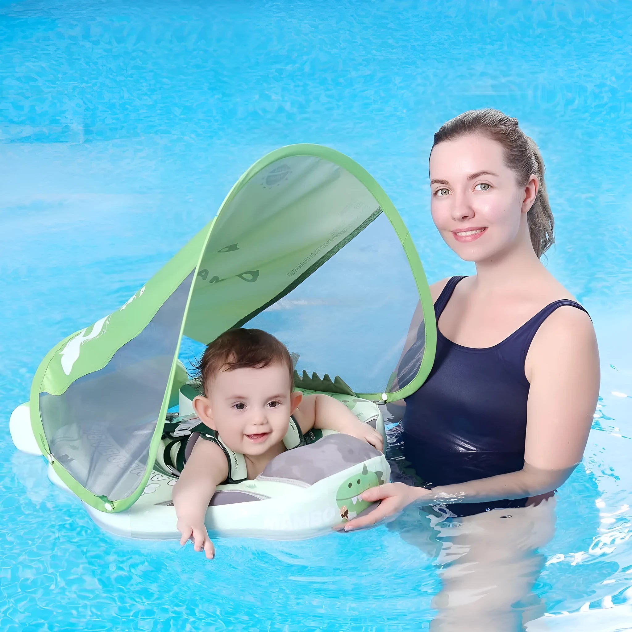 Green dinosaur inflatable baby swimming ring with sun shade for pool use
