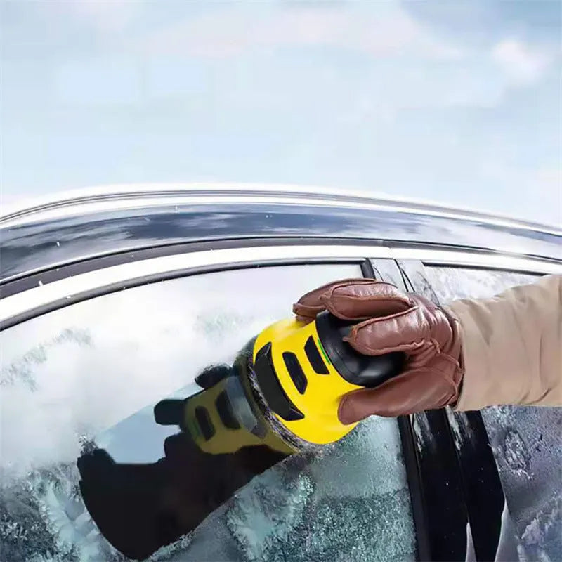 Yellow cordless electric ice scraper for car windows with USB charging cable