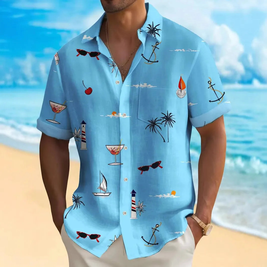 Men's loose fit Hawaiian shirt with colourful digital print pattern on polyester fabric.