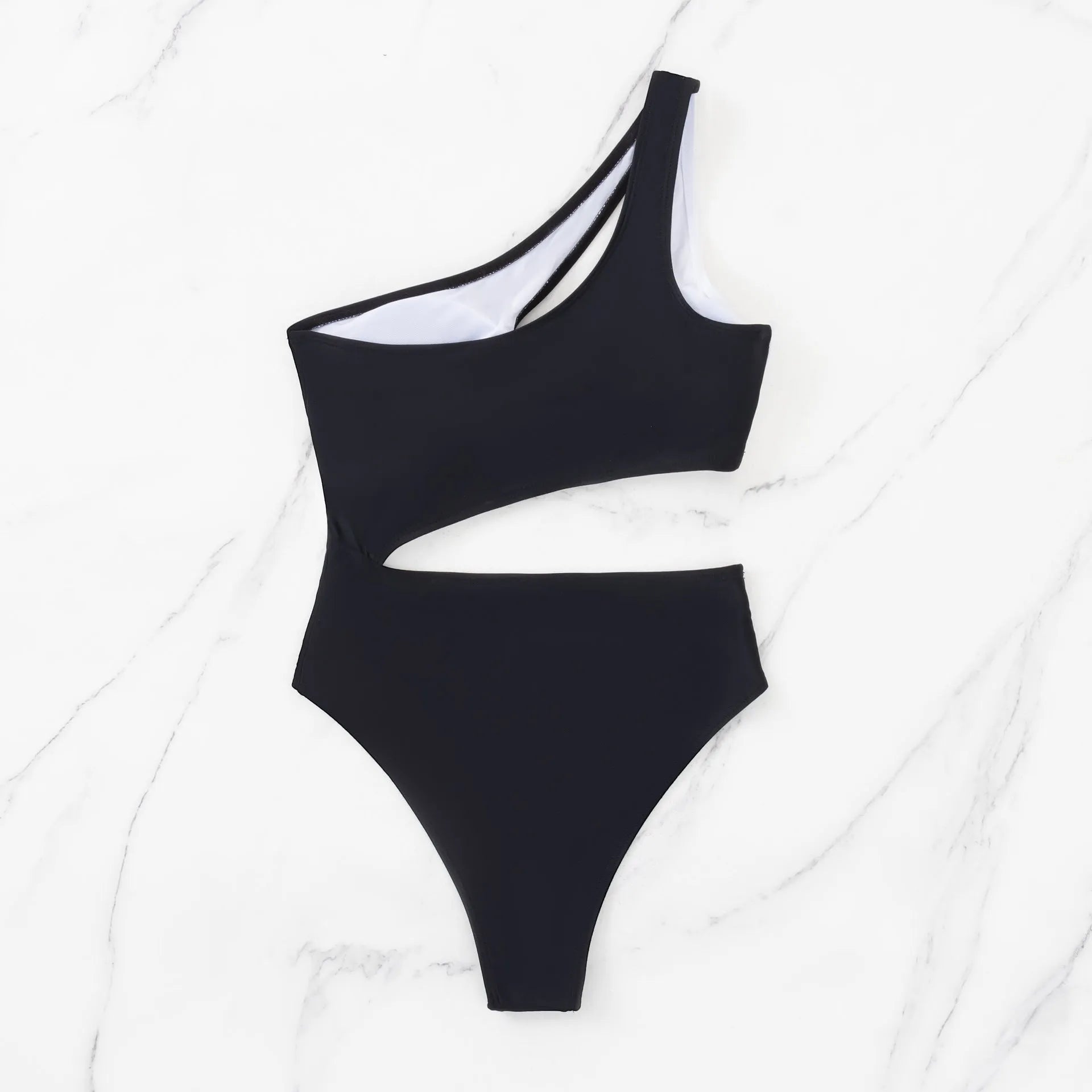 Black women's one-piece swimsuit with contrast stitching and sleeveless hollow design