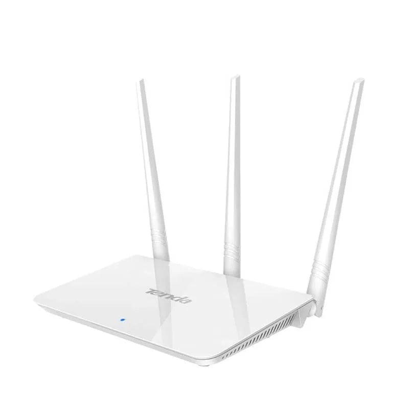White dual-band wireless broadband router on a desk.