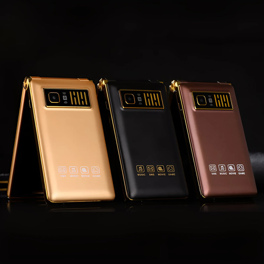 Dual screen flip phone in black, gold, or coffee colour with 3-inch touch display