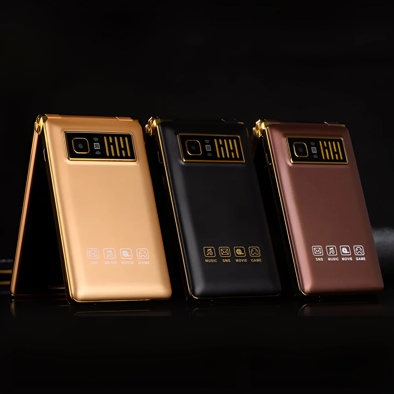 Dual screen flip phone in black, gold, or coffee colour with 3-inch touch display