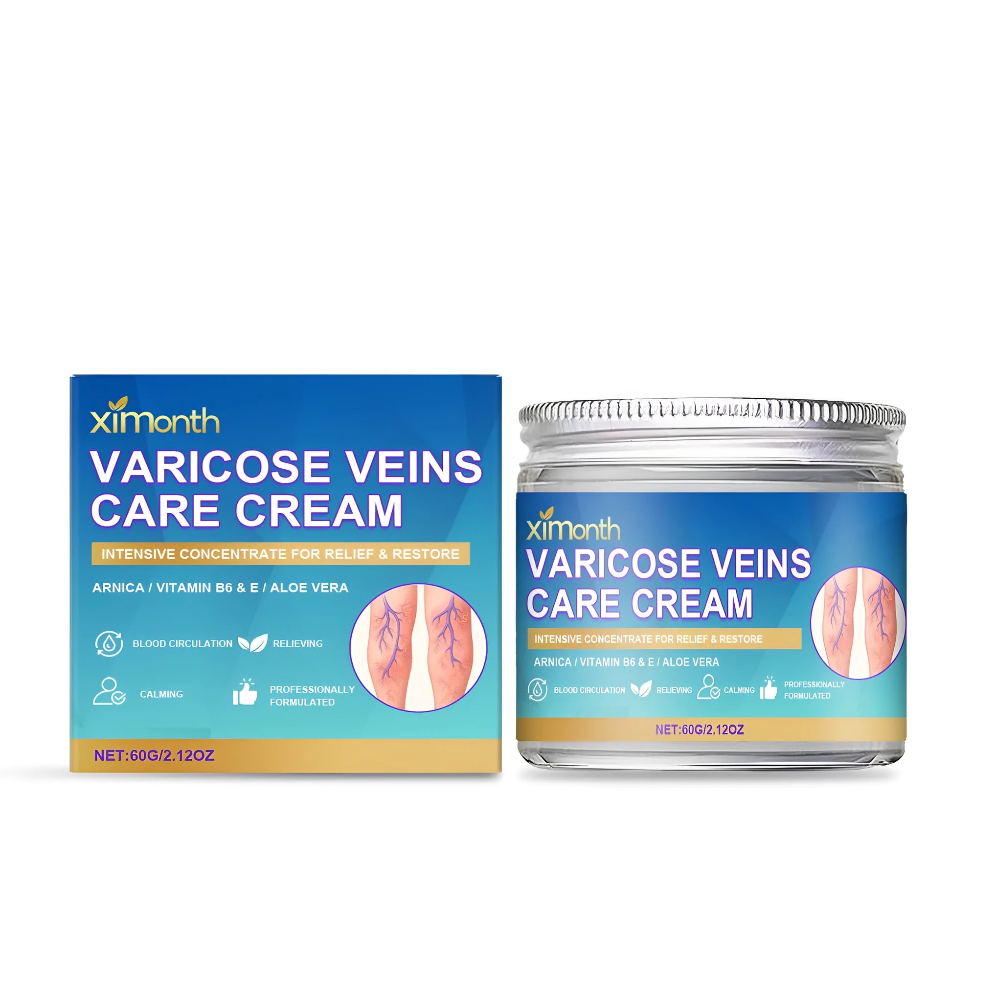 60g tube of varicose veins soothing cream with ingredients mint, arnica, vitamin E, and aloe.