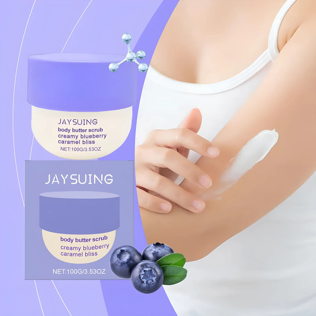 100g tube of blueberry caramel body scrub cream with walnut shell powder for gentle exfoliation