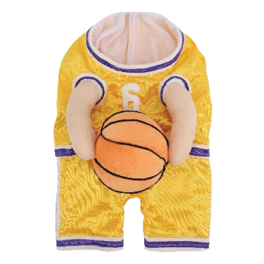 Red or yellow basketball jersey costume for a dog, shown with a matching basketball.